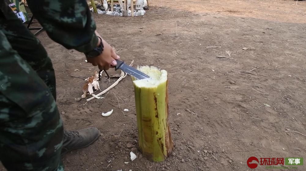 泰军展示如何从芭蕉树中获取干净水源
