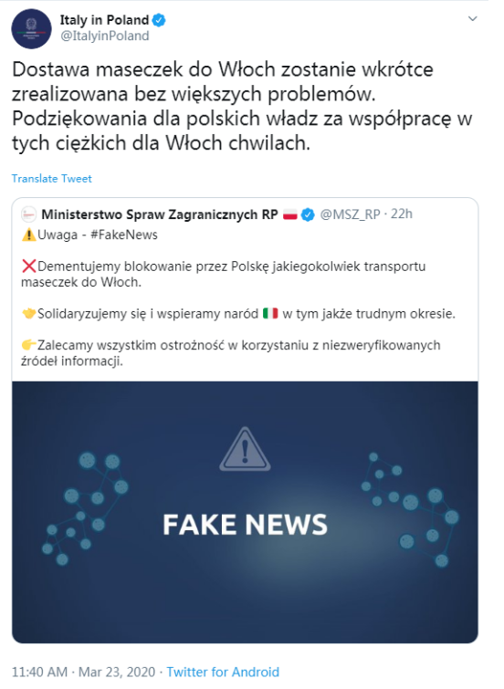  △图为意大利驻波兰大使馆转发波兰外交部的声明