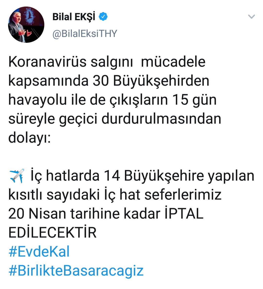 △土耳其航空公司首席执行官比拉尔·埃克西(Bilal Eksi)在其社交媒体上的相关消息