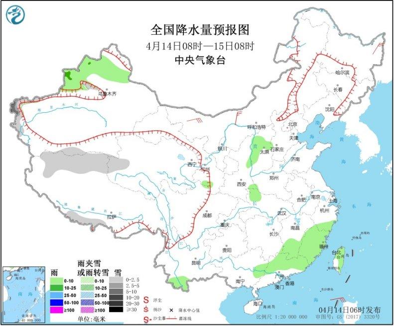 全国降水量预报图(4月14日08时-15日08时) 图片来源：中央气象台网站