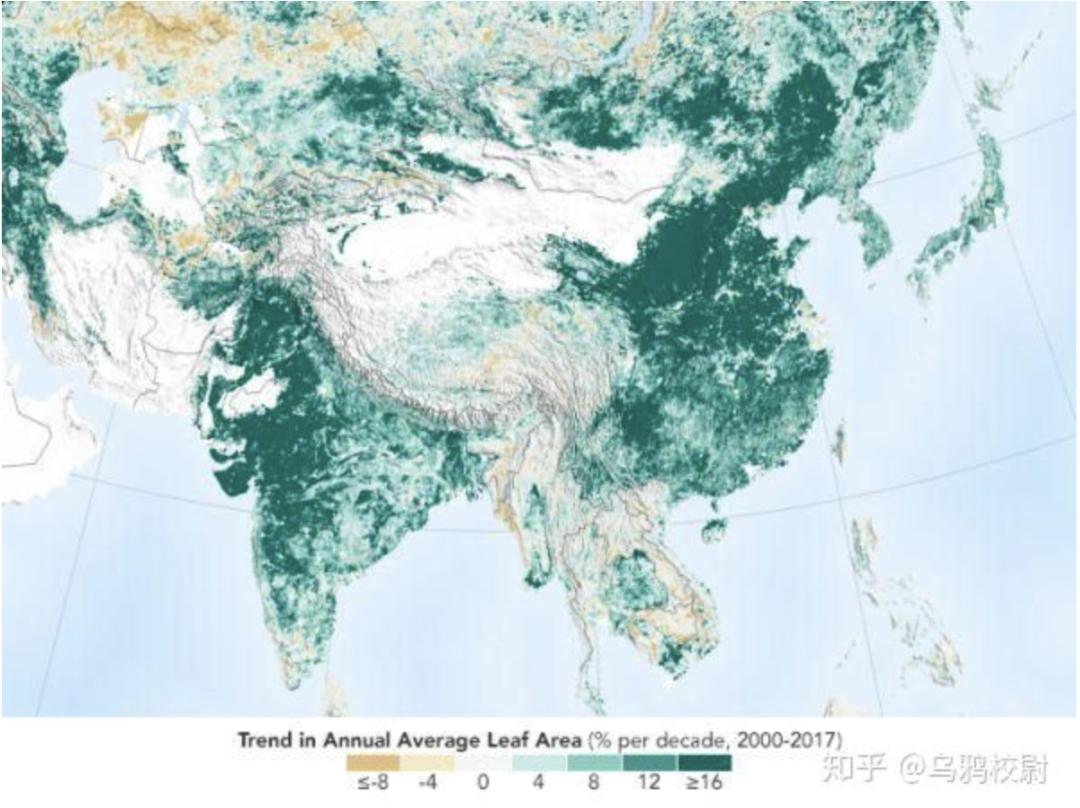 NASA公布的2000-2017年平均植被覆盖率趋势图。颜色越深，代表植被覆盖率增长越高 图源：bing