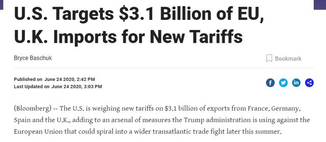 美欧贸易战打响？美拟对31亿美元商品征税，欧洲反击