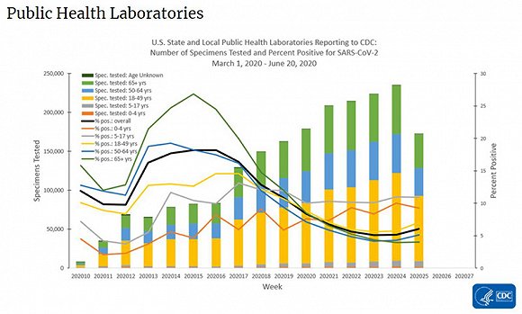 公共实验室检测疑似及确诊，黄色柱状为18岁到49岁疑似患者。图片来源：美国疾控中心