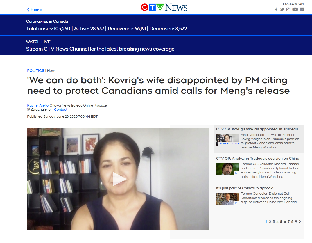 CTV新闻：特鲁多在有关释放孟晚舟的呼吁上称需要保护加拿大人 ，康明凯妻子对此感到失望，并称“我们能做到两者兼顾”