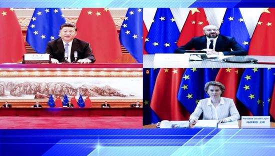 6月22日，习近平在北京以视频方式会见欧洲理事会主席和欧盟委员会主席（图源：新华社）