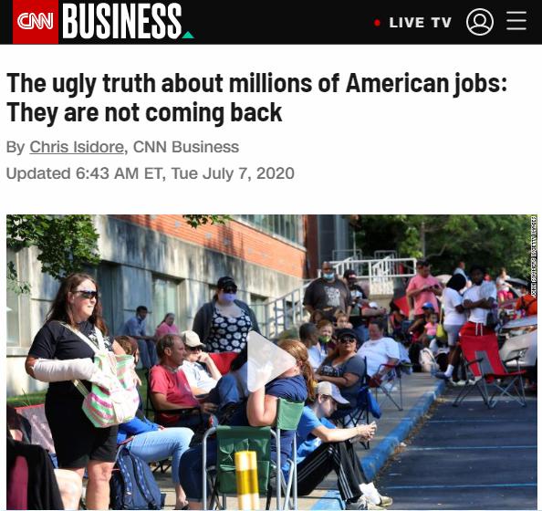 △美国就业反弹的丑陋真相是，数百万美国人可能会永远失去之前的工作（图片来源：CNN）