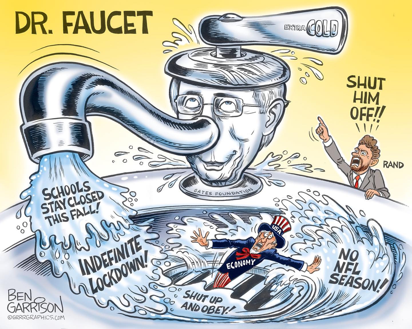 漫画以谐音的方式，将福奇（Fauci）称为“水龙头”（Faucet），暗示他频频在媒体上放话，发表与白宫相左的防疫意见