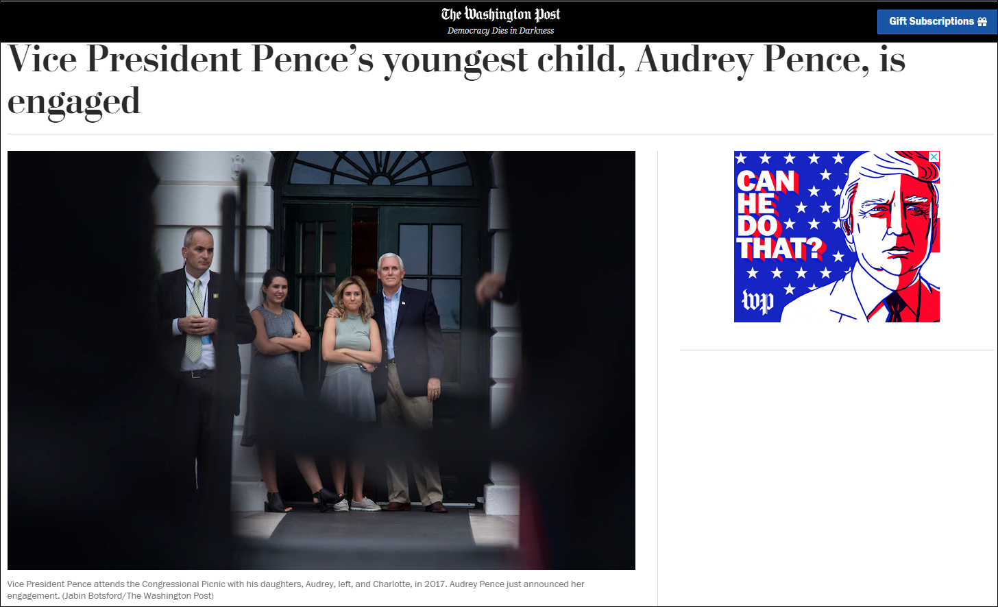 彭斯最小的女儿奥黛丽·彭斯，去年和她的大学同学订婚 华盛顿邮报截图