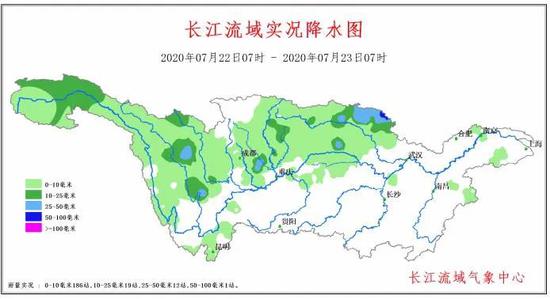 7月22日07时至7月23日07时长江流域实况降水图