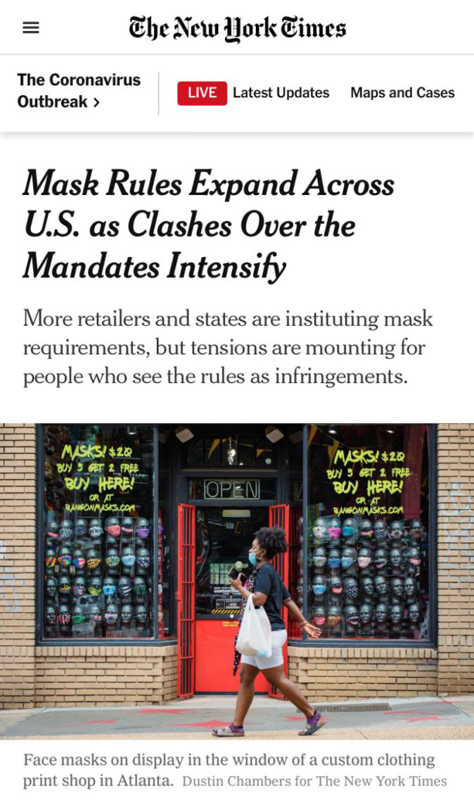 　△《纽约时报》称，尽管对于口罩的接受度逐渐上升，但对于政府能否强制民众佩戴口罩仍有争议