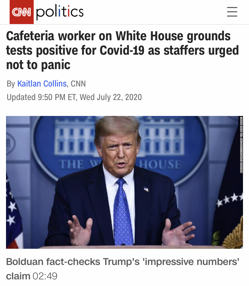 CNN称，一名白宫雇员日前确诊新冠肺炎，其他工作人员试图平息恐慌