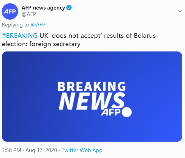 英外交大臣：英国不接受白俄总统大选结果