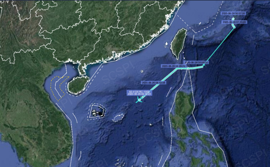 “南海战略态势感知”平台8月26日发布的美军RC-135S侦察机飞行路线