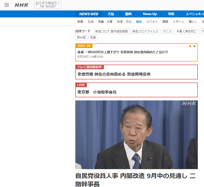 快讯！日本自民党干事长二阶俊博：预计9月中旬进行内阁改组