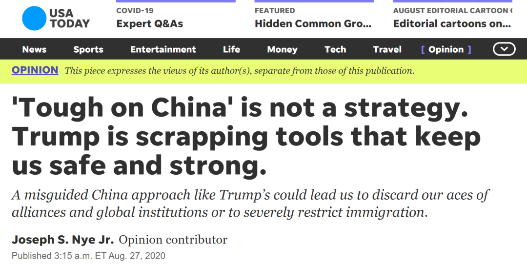 美国《今日美国报》：“对中国强硬”不是一种战略。特朗普正丢弃确保我们安全和强大的工具
