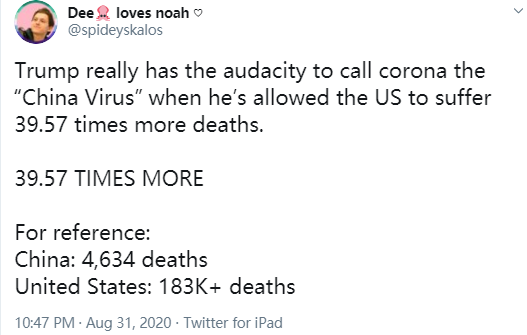(图为一名美国网民在社交网站上发帖表示,美国的疫情死亡人数几乎是中国的40倍。)