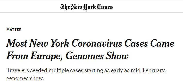  （图为美国《纽约时报》的报道指出纽约绝大多数感染肺炎的病例，其所携带的病毒基因都来自欧洲，而并非亚洲）