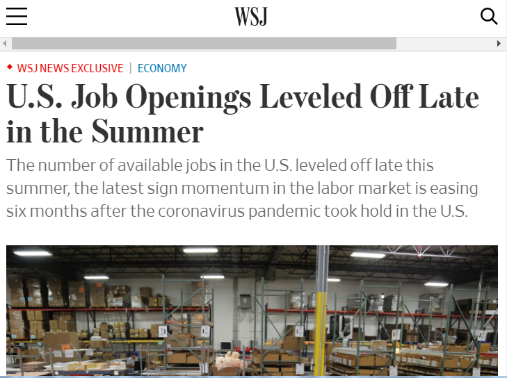 △《华尔街日报》称，美国失业人数大大超过了职位空缺数量