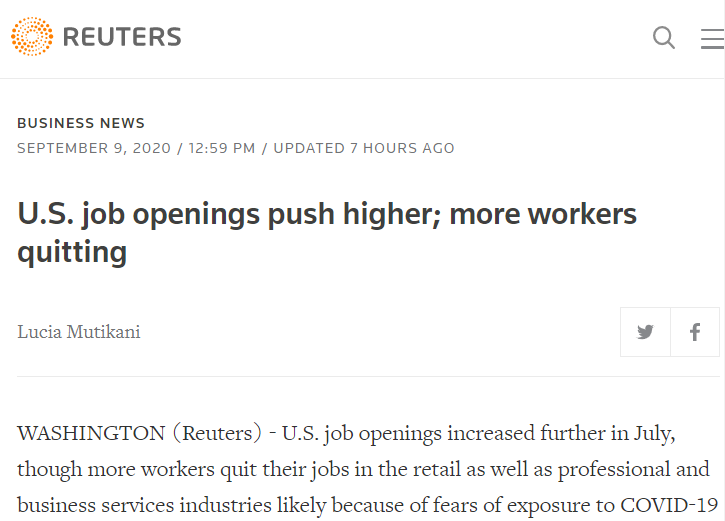 △路透社称，美国职位空缺增加，但有更多工人辞职