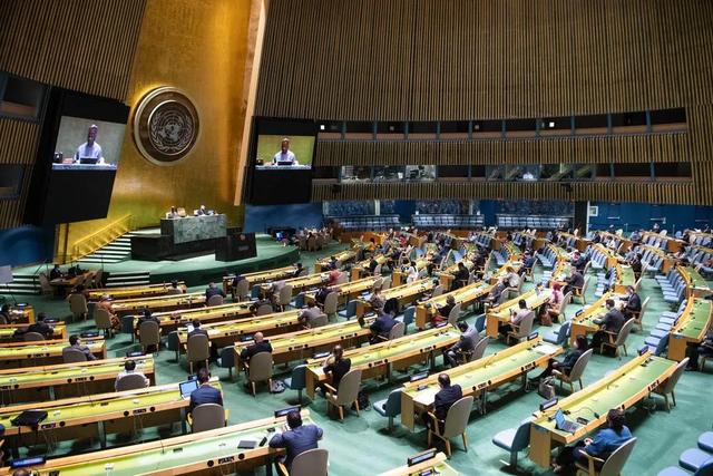 9月11日在位于纽约的联合国总部拍摄的联合国大会全体会议现场。图片来源：新华社