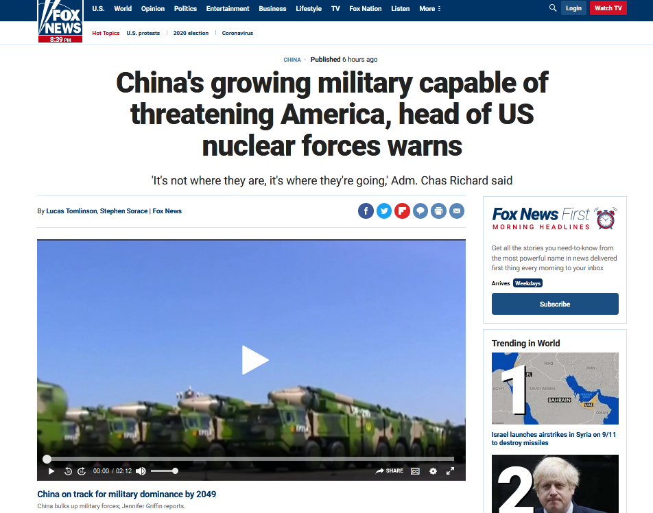福克斯报道：美国核力量负责人警告说，中国日益增强的军事能力足以威胁美国