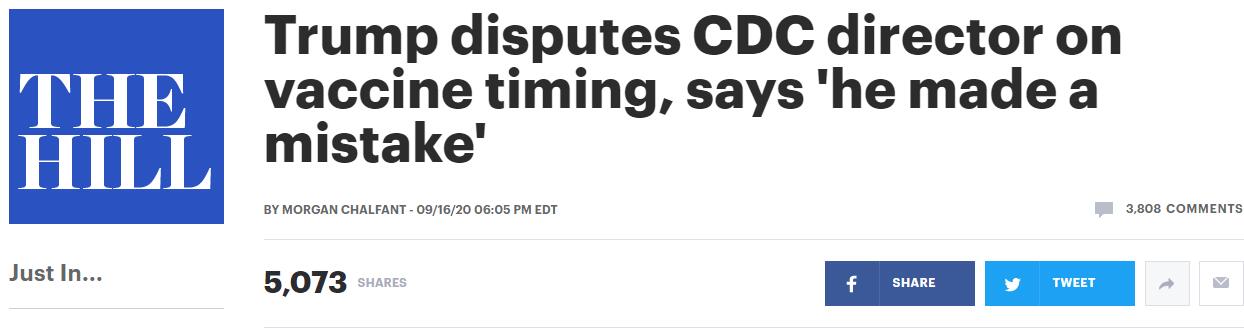（《国会山报》：特朗普就疫苗时间表向疾控中心主任提出异议，称“他犯了一个错误”）