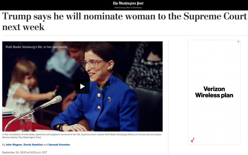  △《华盛顿邮报》9月19日报道，特朗普表示将提名一位女性补充金斯伯格去世留下的大法官空位