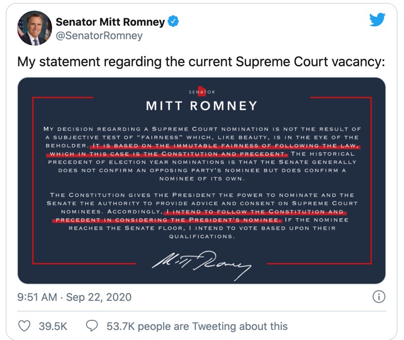 △罗姆尼在推特中发布了支持特朗普提名大法官候选人的声明
