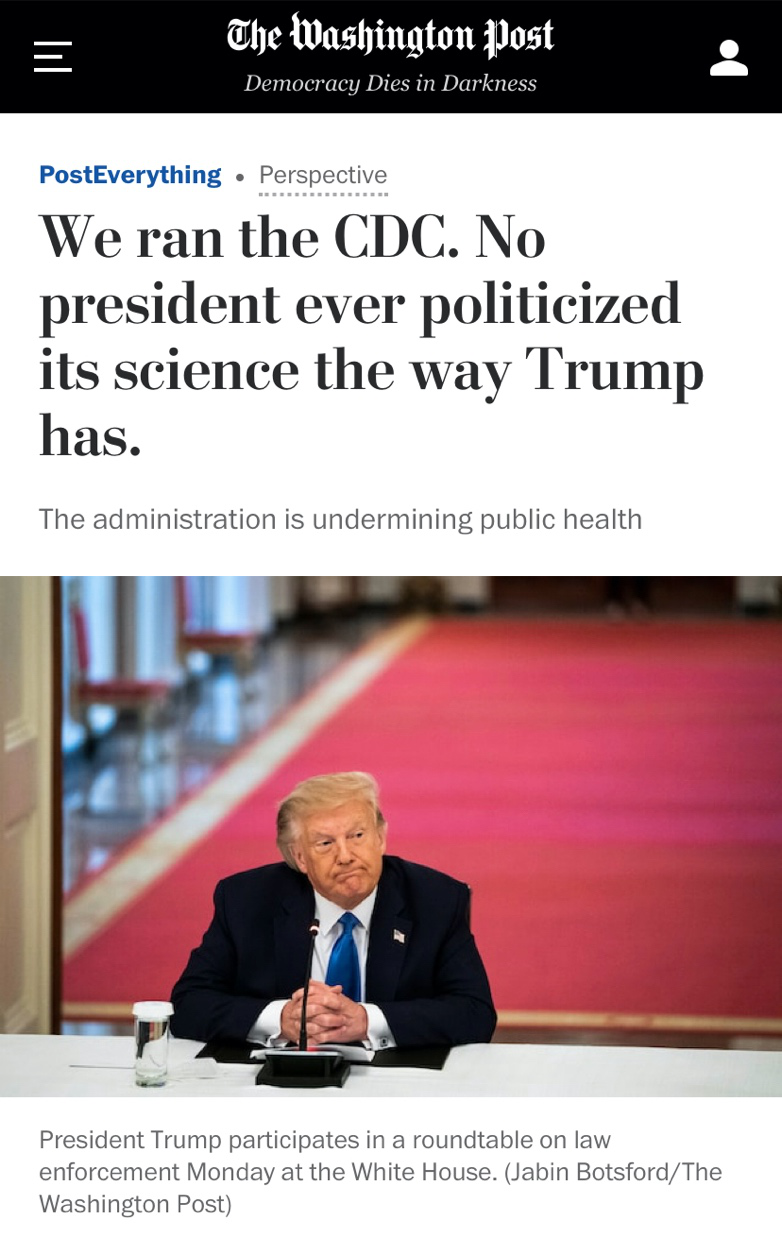 △《华盛顿邮报》报道，特朗普始终在将科学政治化