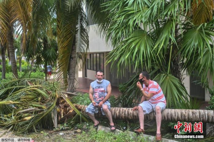 据报道，当地时间7日凌晨，飓风“德尔塔”在墨西哥金塔纳罗奥州距坎昆约5公里处登陆。图为2名游客坐在被大风刮倒的树干上。