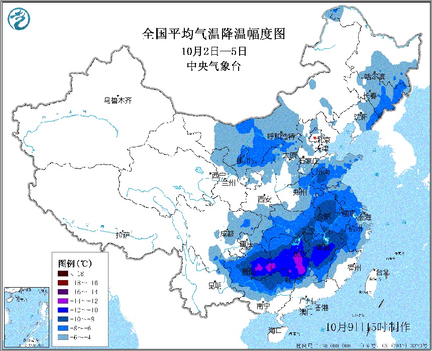 全国平均气温降温幅度图。图片来自中国气象局