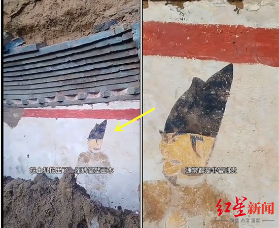 ▲疑似古墓墙壁上的彩绘壁画。图据网络