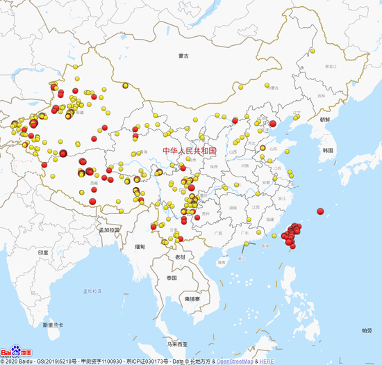 2020年以来（截止至10月31日）全国三级地震活动分布图（四级以上红色标注）