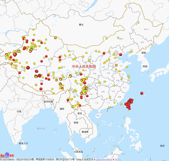 2020年以来(截止至10月31日)全国三级地震活动分布图(四级以上红色标注)