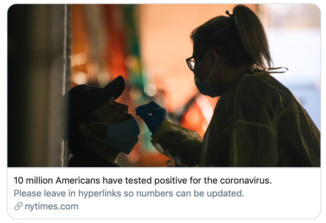  ▲《纽约时报》：1000万美国人感染新冠病毒。