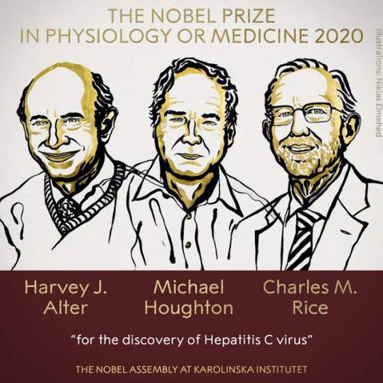 2020年诺贝尔生理学或医学奖得主哈维•阿尔特、迈克尔•亨顿和查尔斯•赖斯。