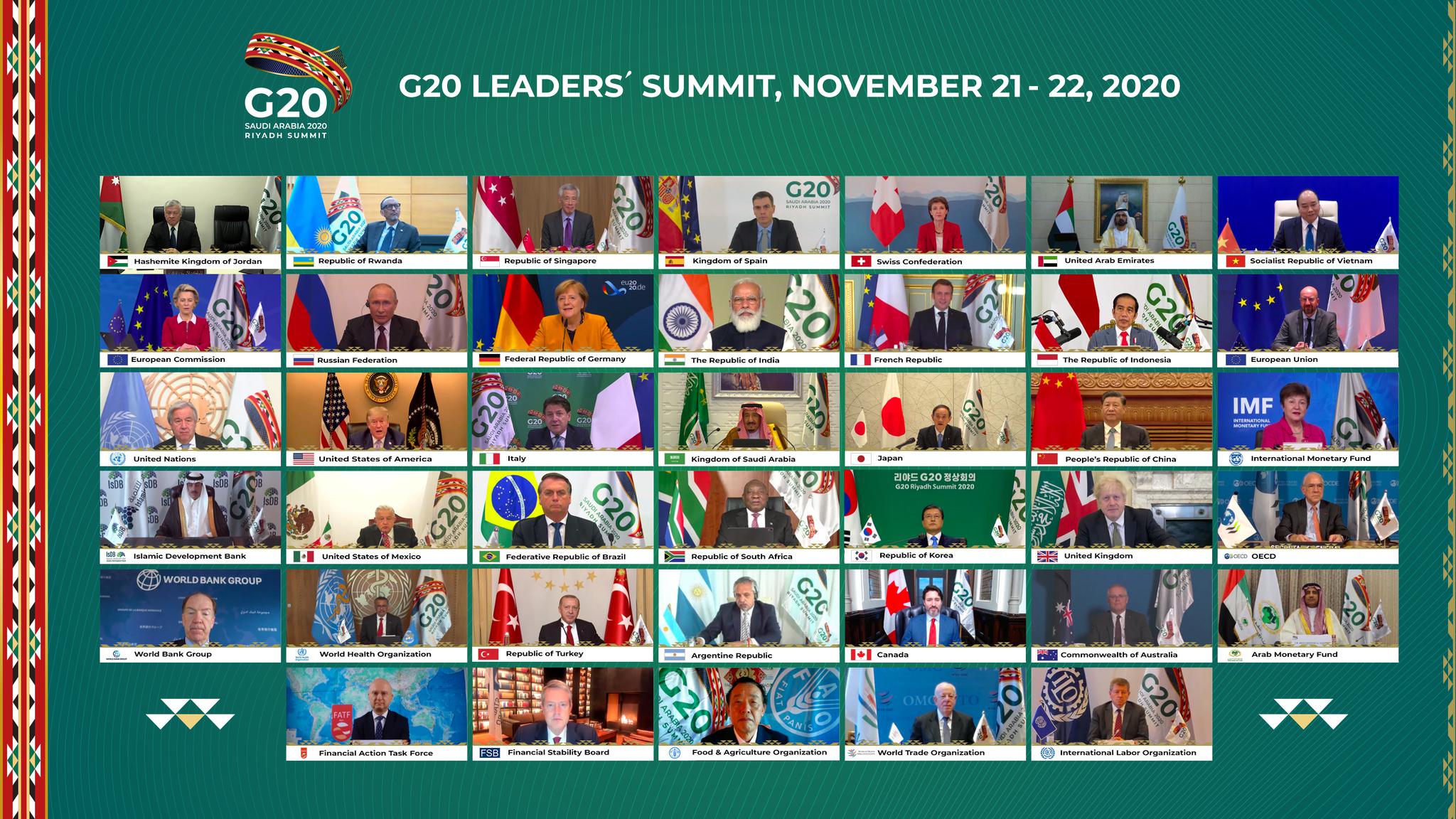 各国领导人出席G20峰会线上会议 （图源：G20峰会官方推特）