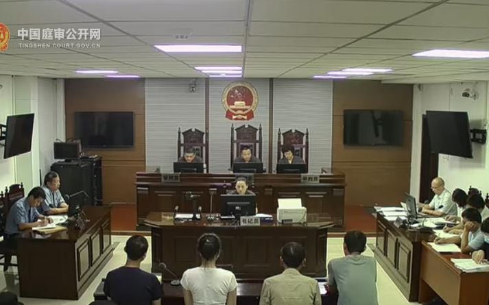  2020年8月19日，该案一审开庭。图片来源：中国庭审公开网庭审录像截图。