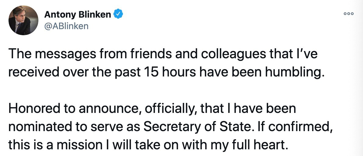安东尼·布林肯在被拜登正式提名国务卿之后在推特上发文。