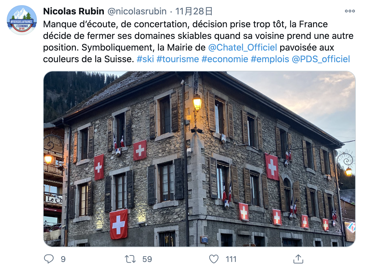 眼见着滑雪游客向瑞士流失，沙泰尔镇镇长在推特上表达了愤怒。 推特截图