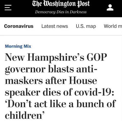 《华盛顿邮报》报道，共和党州众议员欣奇宣誓就职新罕布什尔州众议院议长，结果就职短短一周后即死于新冠肺炎