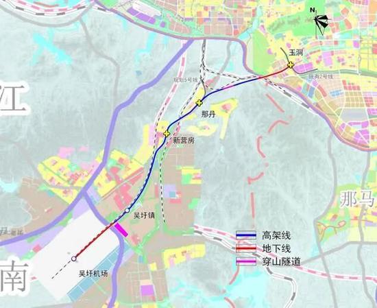 ▲南宁市市郊铁路机场线(吴圩机场-玉洞)工程方案示意图。来源南宁轨道交通集团官网