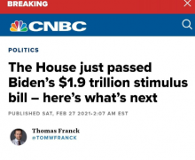 美国众议院投票通过了1.9万亿美元（约