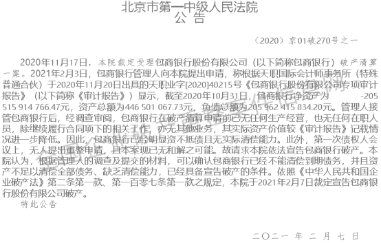负债总额超2000亿!包商银行被裁定破产!