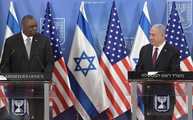 △内塔尼亚胡（右）和奥斯汀（左）在12日的新闻发布会上（图片来自以色列政府新闻办公室）
