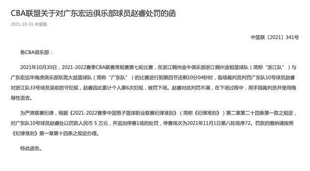 CBA联盟:广东宏远球员赵睿因用手指裁判员并使用侮辱性语言被罚款5 万元,并追加停赛1场的处罚