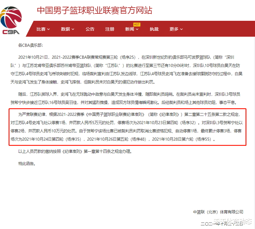 停赛三场+罚款10万,CBA公司开出重磅罚单,贺希宁和史鸿飞被重罚